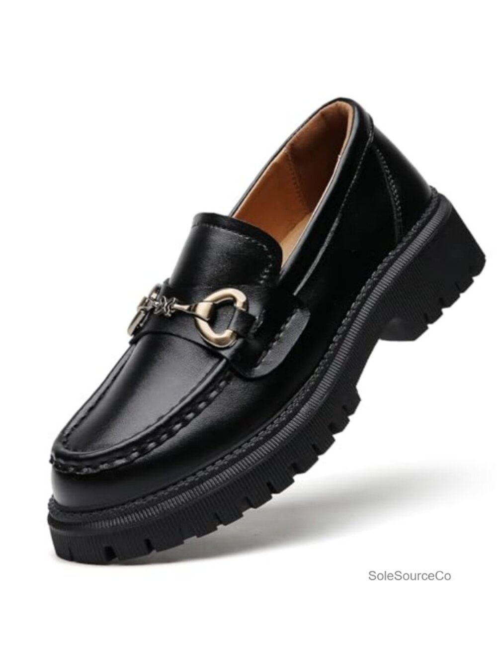 Women's Chunky Platform Loafers Leather Penny Buckle Chain Non-Slip Work Office